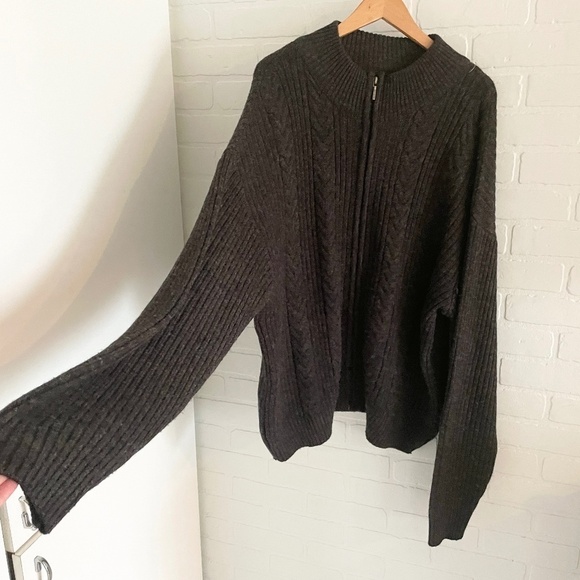 London Fog Mens Full Zip Sweater Cardigan Chunky Cable knit Wool blend Gray 2XL - Picture 4 of 14